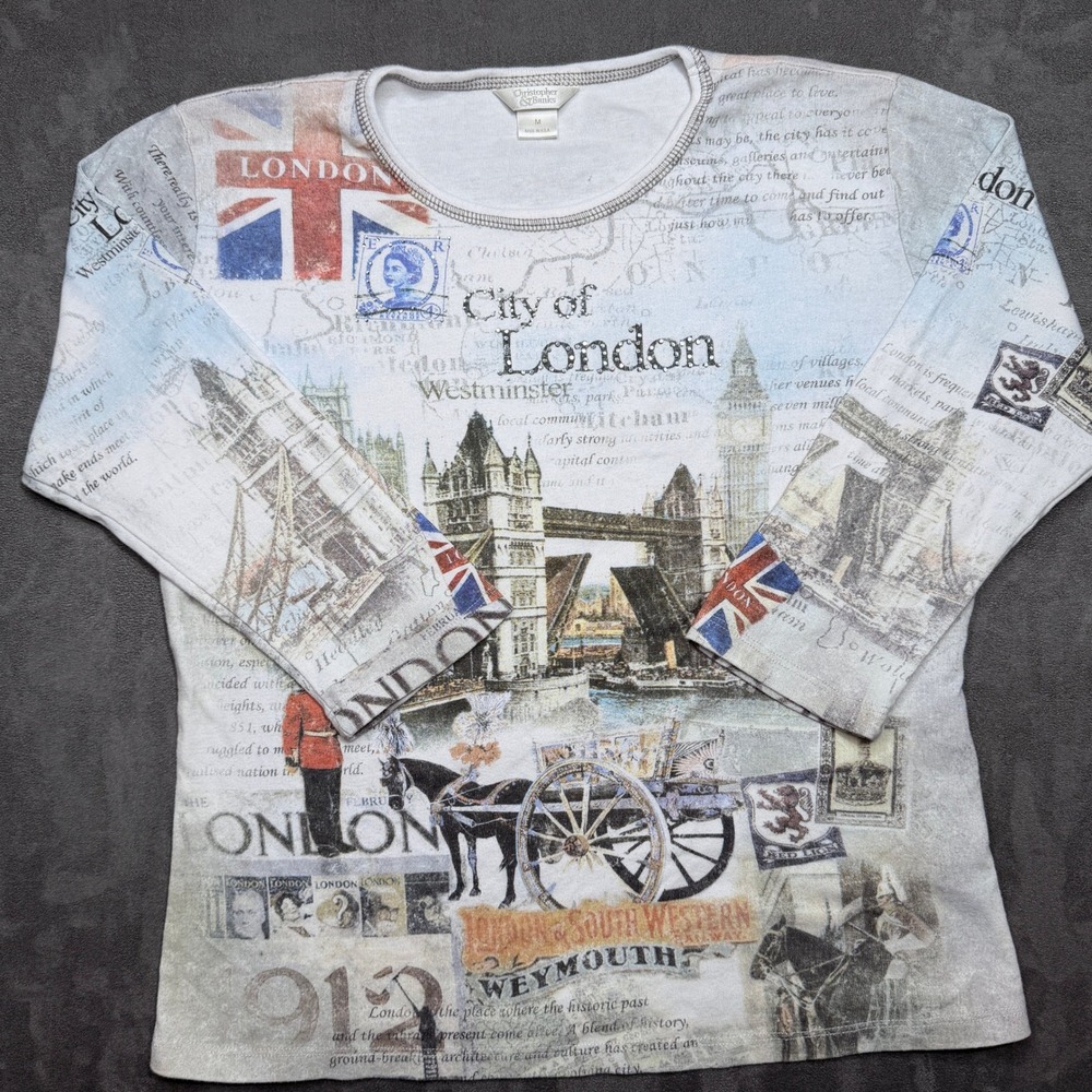 Vtg Y2K Christopher & Banks T-Shirt London Graphic 3/4 Sleeve Sz M Rhinestones